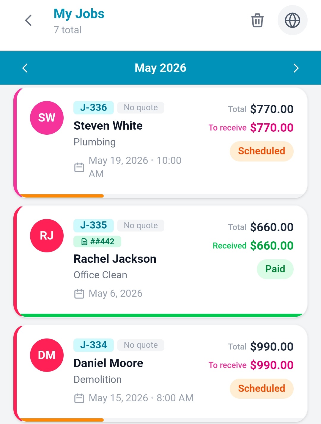 Hammerly jobs list — schedule, status at a glance, total value